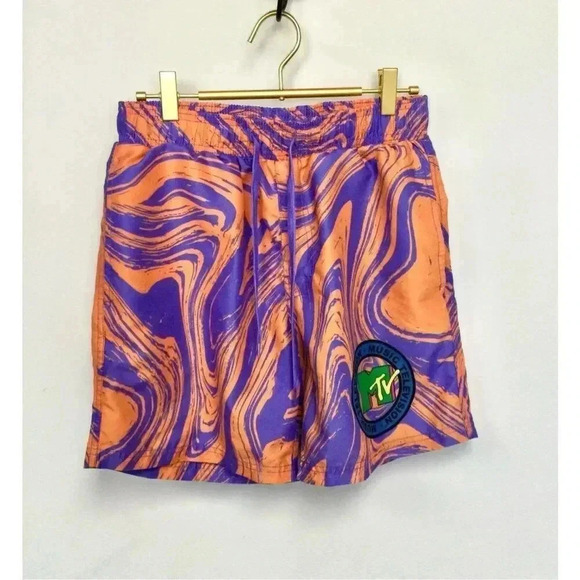 Vintage MTV Mens Music Television Logo Board Shorts Swim Trunks Orange Purple La - Picture 1 of 10